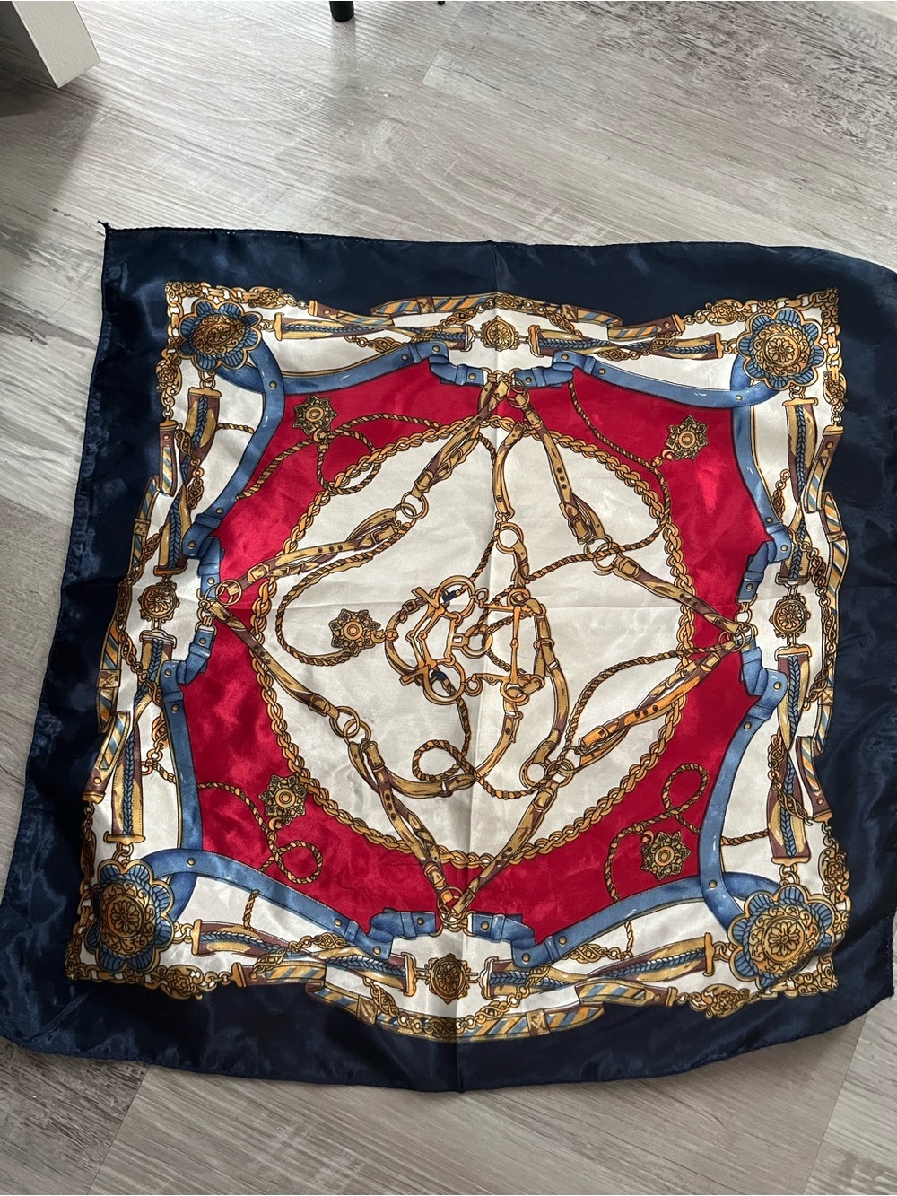 Silky Chain-Print Square Scarf in Navy, Red & Cream